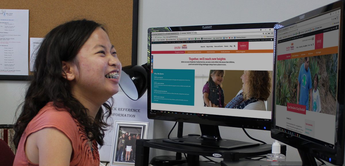 A teen works on her computer during her internship through Wayfinder's youth transition services