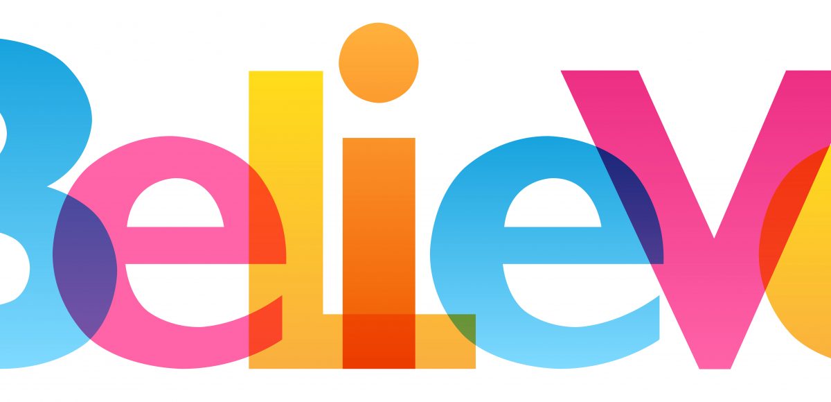 multi-colored text spelling the word "believe"