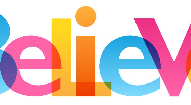 multi-colored text spelling the word "believe"